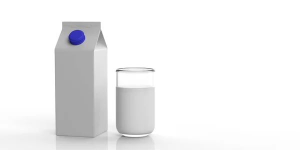 Caixa de papelão branca e vidro de leite. ilustração 3d — Fotografia de Stock