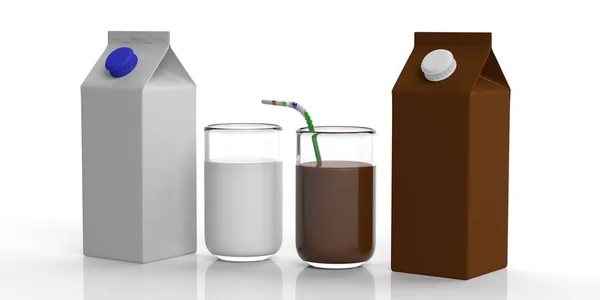 Kartony i szklanki mleka. ilustracja 3D — Zdjęcie stockowe