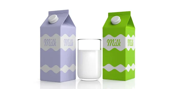 纸箱和杯牛奶。3d 图 — 图库照片