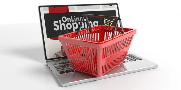 Bevásárló kosár egy laptop. 3D-s illusztráció — Stock Fotó
