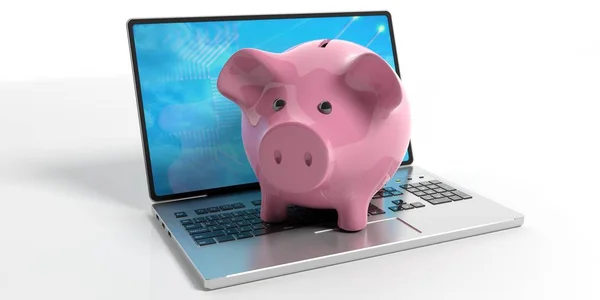 Sparschwein auf einem Laptop. 3D-Illustration — Stockfoto