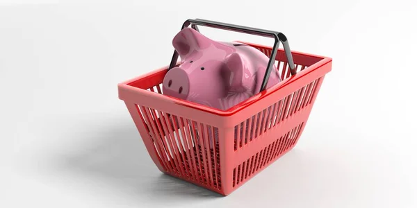 Sparschwein in einem Warenkorb. 3D-Illustration — Stockfoto