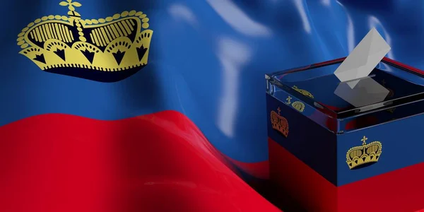 Избирательная урна на фоне флага Лихтенштейна, 3D иллюстрация — стоковое фото