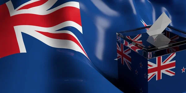 Caja de votación en el fondo de la bandera de Nueva Zelanda, ilustración 3d —  Fotos de Stock