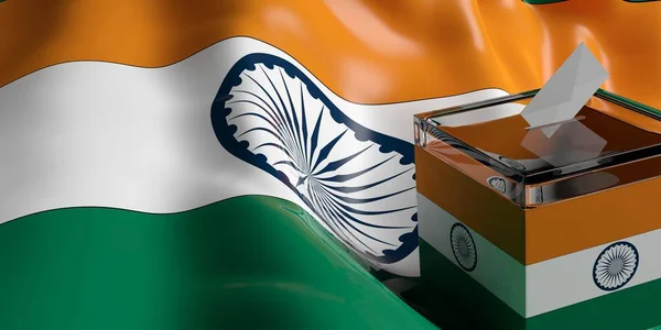 Caja de votación en el fondo de la bandera de la India, ilustración 3d —  Fotos de Stock
