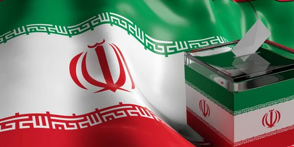 Избирательная урна на фоне флага Ирана, 3D иллюстрация — стоковое фото