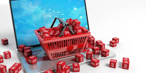 Cubos de desconto em uma cesta de compras. ilustração 3d — Fotografia de Stock