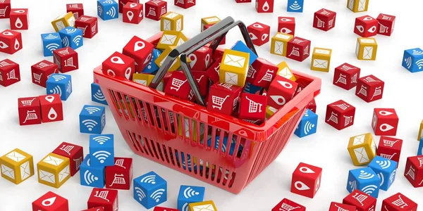Alkalmazások szimbólumok a bevásárló kosárba. 3D-s illusztráció — Stock Fotó