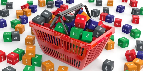 Domeny nazwy kostki w koszyku zakupów. ilustracja 3D — Zdjęcie stockowe