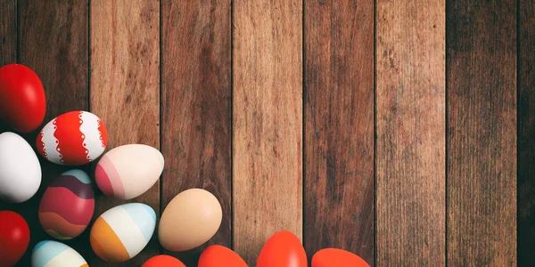 Huevos de Pascua sobre fondo de madera. ilustración 3d — Foto de Stock