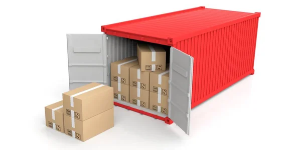 Container und Umzugskartons auf weißem Hintergrund. 3D-Illustration — Stockfoto