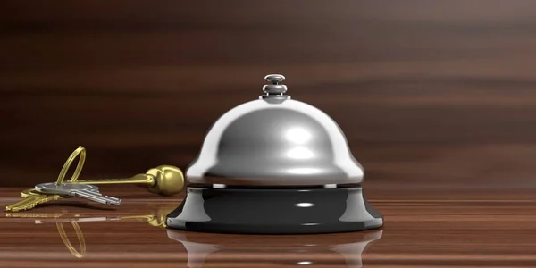 Hotel bell en toetsen op een houten achtergrond. 3D illustratie — Stockfoto