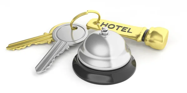Clopoţel de hotel şi chei pe fundal alb. Ilustrație 3d — Fotografie, imagine de stoc