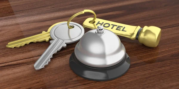 Hotelglocke und Schlüssel auf einem hölzernen Hintergrund. 3D-Illustration — Stockfoto