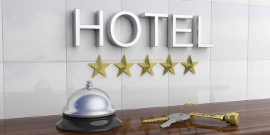 Otel bell ve anahtarları bir Resepsiyon sayaçta. 3D çizim