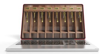 Otel Resepsiyon raf ve bir dizüstü bilgisayar. 3D çizim