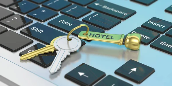 Las llaves de la habitación del hotel en un teclado. ilustración 3d —  Fotos de Stock