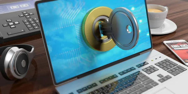 Kulcs és a zár egy laptop. 3D-s illusztráció — Stock Fotó