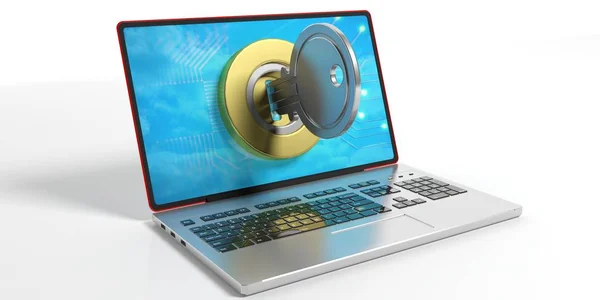 Nyckel och lås på en bärbar dator. 3D illustration — Stockfoto