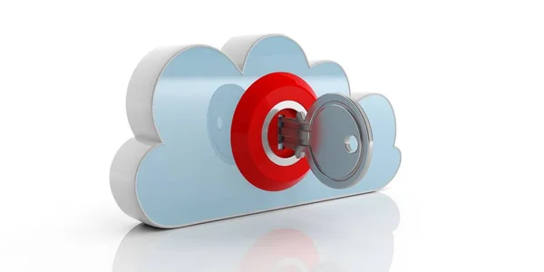 Sleutel en slot op een wolk op witte achtergrond. 3D illustratie — Stockfoto