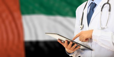 Birleşik Arap Emirlikleri bayrağı arka plan üzerinde doktor. 3D çizim