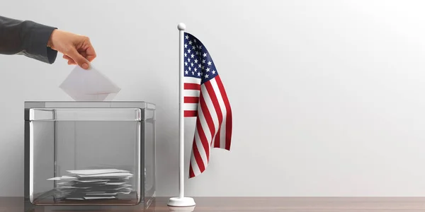 Wahlurne und eine kleine US-Fahne. 3D-Illustration — Stockfoto