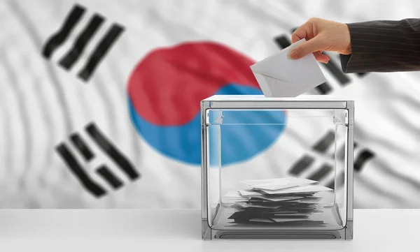 Votante en un fondo de bandera de Corea del Sur. ilustración 3d — Foto de Stock