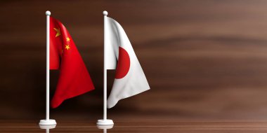 Çin ve Japonya ahşap arka plan üzerinde bayraklar. 3D çizim