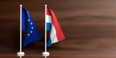 Ahşap arka plan üzerinde Hollanda ve AB bayrakları. 3D çizim
