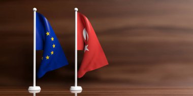 Türkiye ve AB bayrakları ahşap arka plan üzerinde. 3D çizim