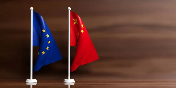 Bandiere della Cina e dell'UE su sfondo di legno. Illustrazione 3d — Foto Stock
