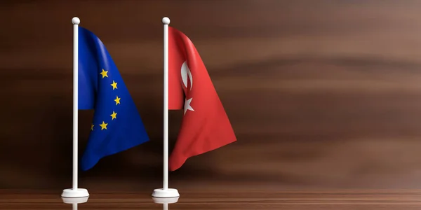Bandeiras da Turquia e da UE sobre fundo de madeira. ilustração 3d — Fotografia de Stock