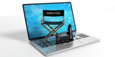 Beyaz zemin üzerinde bir dizüstü bilgisayarda film yönetmen koltuğu. 3D çizim