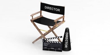 Film yönetmen koltuğu ve beyaz arka plan üzerinde tokmağı. 3D çizim