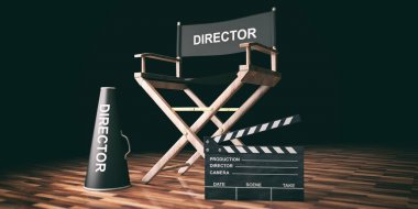Film yönetmen koltuğu ve clapper ahşap arka plan üzerinde. 3D çizim
