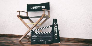 Film yönetmen koltuğu ve clapper ahşap zemin üzerinde. 3D çizim