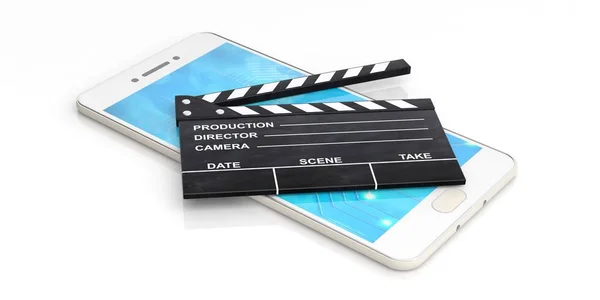 Film clapper smartphone - beyaz arka plan üzerinde. 3D çizim — Stok fotoğraf