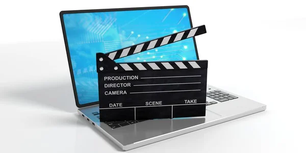 Filmklöppel auf laptopweißem Hintergrund. 3D-Illustration — Stockfoto