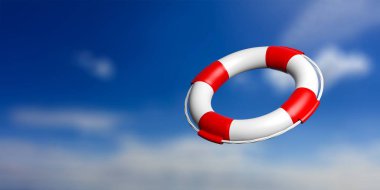 Mavi gökyüzü arka plan üzerinde hayat şamandıra. 3D çizim