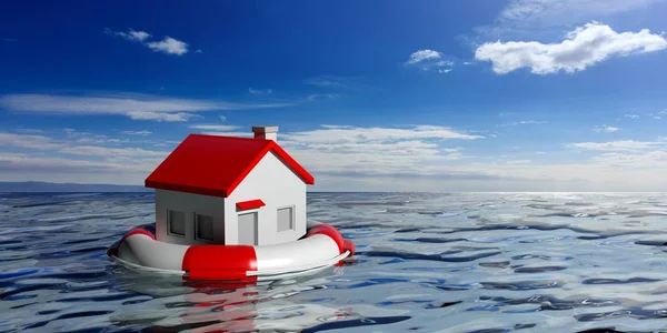 Life buoy and a small house on blue sea background. 3d illustration — Stock Photo, Image