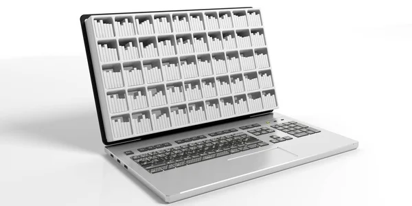 Laptop met boekenkast op witte achtergrond. 3D illustratie — Stockfoto