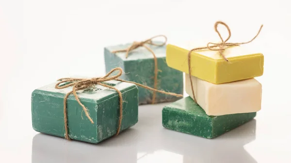 Handmade soap bars on white background — Stock Photo, Image