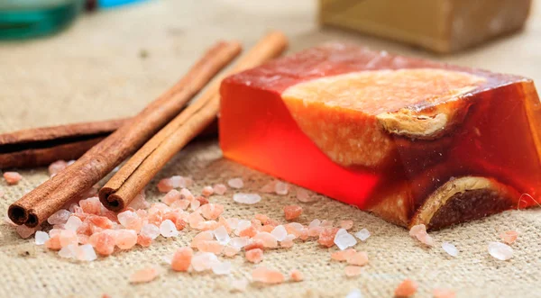 Handmade soap bar on wooden background Stock Image