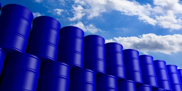 Baryłek ropy stosu na tle błękitnego nieba. ilustracja 3D — Zdjęcie stockowe