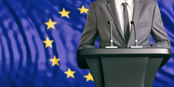 Ponente sobre fondo de la bandera de la Unión Europea. ilustración 3d — Foto de Stock