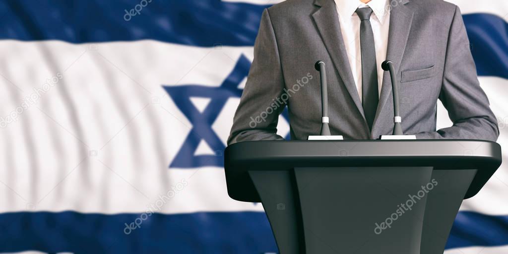 Speaker on Israel flag background. 3d illustration