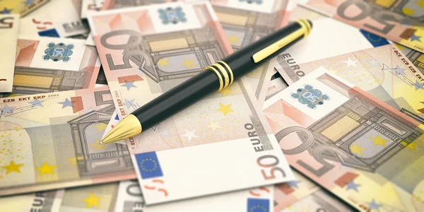 Penna sullo sfondo delle banconote in euro. Illustrazione 3d — Foto Stock