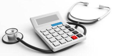 Hesap makinesi ve beyaz arka plan üzerinde stetoskop. 3D çizim