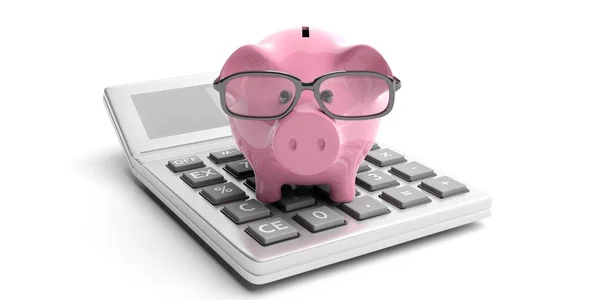 Αριθμομηχανή και Τράπεζα piggy σε λευκό φόντο. 3D απεικόνιση — Φωτογραφία Αρχείου