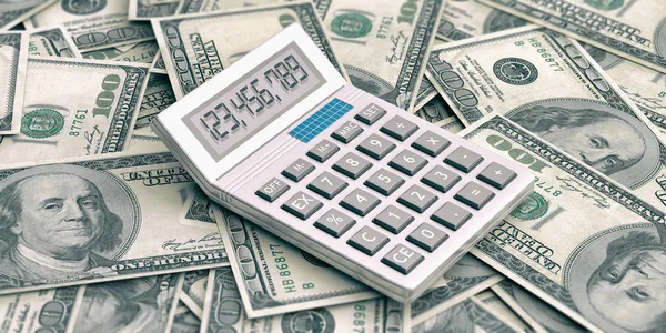 Калькулятор на стодолларовом фоне. 3d иллюстрация — стоковое фото